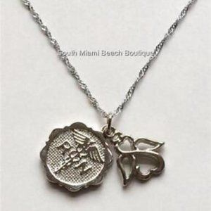Nursing RN Caduceus Necklace Angel Pendant Nurse Graduation Gift Silver Plated